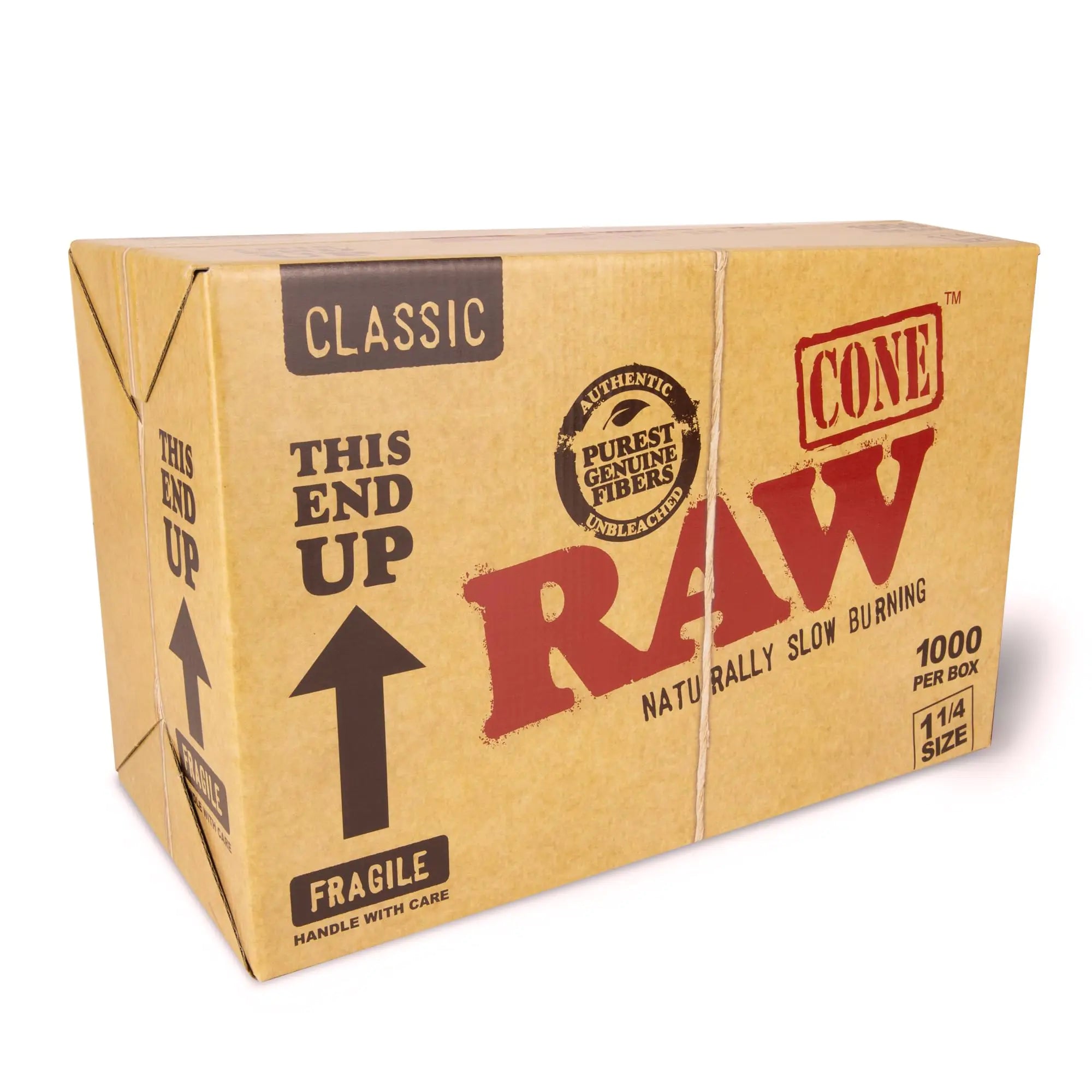 Stoners RAW Classic Natural Pre Rolled Cones Unrefined Rolling Papers - 1 1/4 Size Preroll Cones with Filter Tips - Bulk 1000 Pack Cones Per Box