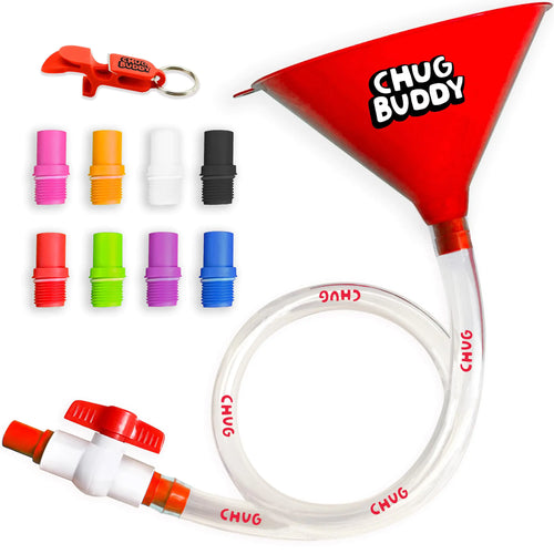 Chug Buddy Beer Bong Tube and Funnel with Valve 8 Interchangeable Mouthpieces Shotgun Keychain Tool - Kink-Free 3ft Hose for Beerbong College Party Drinking Games